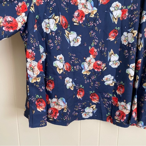 SHEIN Emery Rose Plus Navy Blue Floral Print Flounce Sleeve Long Sleeve Blouse - Picture 4 of 11